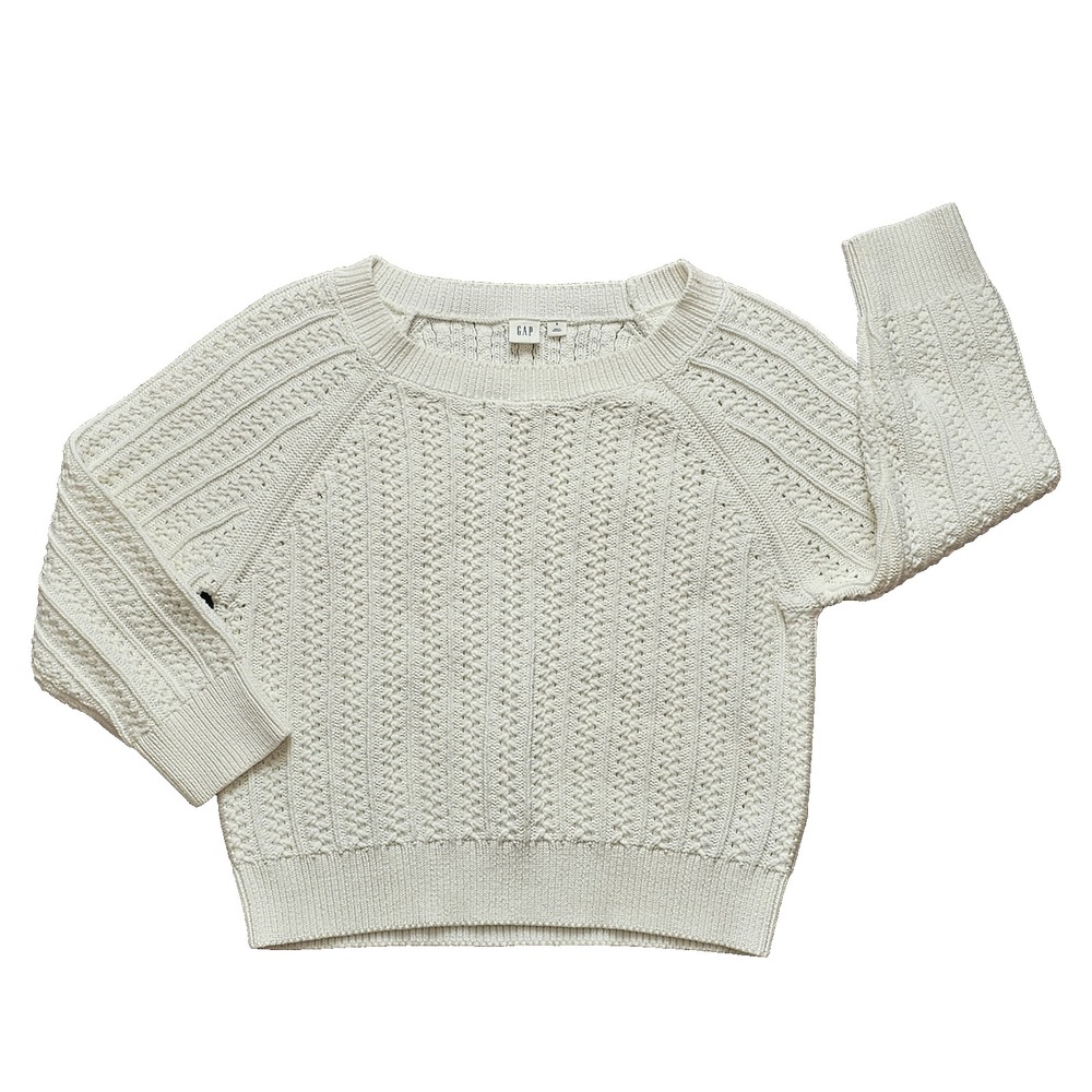 Womens Gap White Cable Knit Sweater Crop 3/4 Sleeve Size Small 100% Cotton